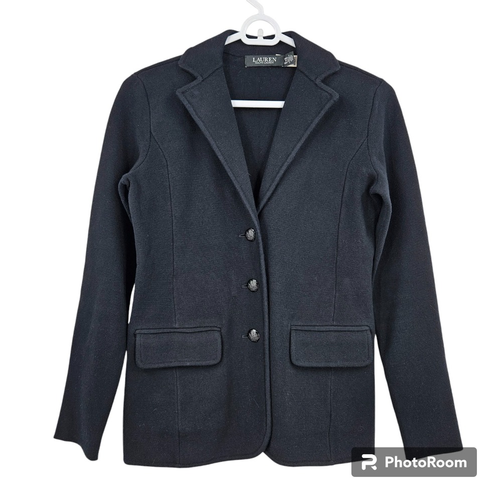 Lauren Ralph Lauren Combed Cotton Blazer Black Flap Pockets Notch Lapels Sz PXS